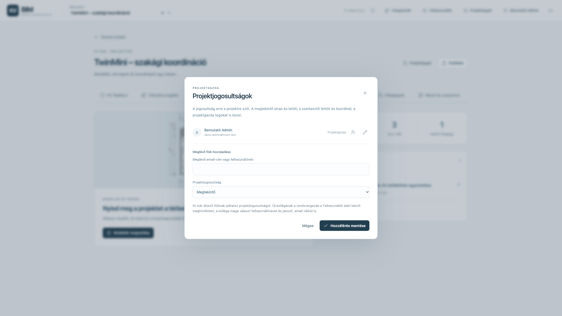 KV BIM: projektjogosultságok ablak