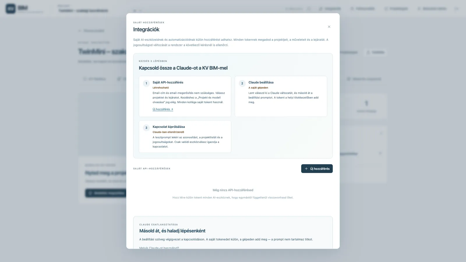 KV BIM integrations page: connecting an AI agent with its own key