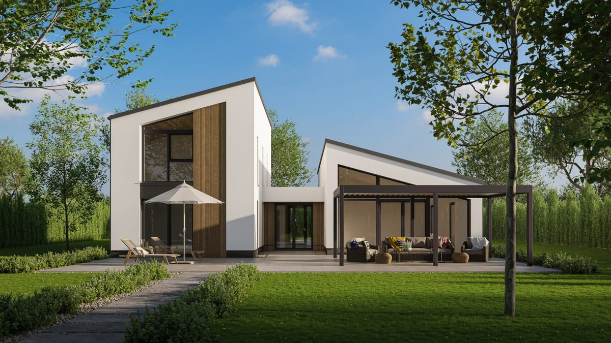 KV Homes látványterv — kétszintes ház pergolával